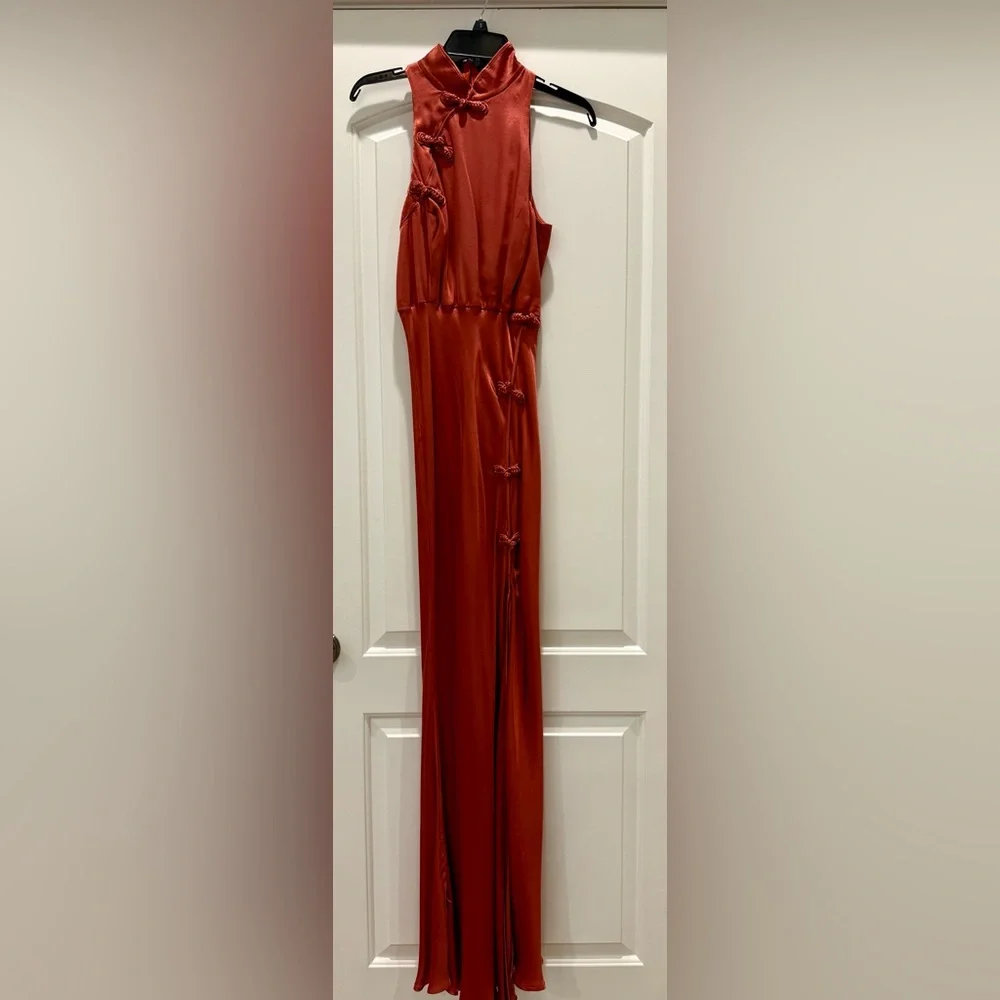 Elegant Terracotta Satin High Neck Sleeveless Gown. - Picture 2 of 9